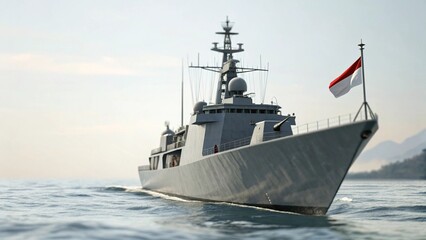 Modern Indonesian Navy Warship with National Flag Sailing on Open Sea for Transport