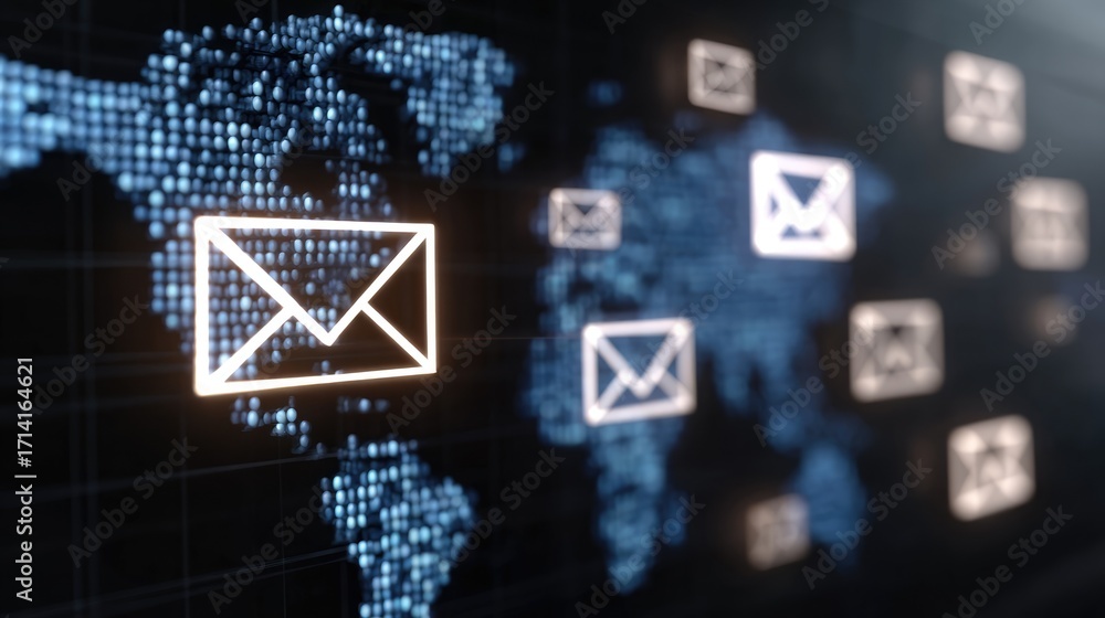 Poster a visually striking digital representation featuring illuminated email icons overlaying a world map,