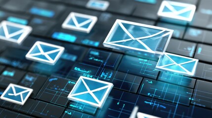 A visually captivating representation of digital communication with glowing email icons over a dark keyboard backdrop, symbolizing modern email interaction and technology.