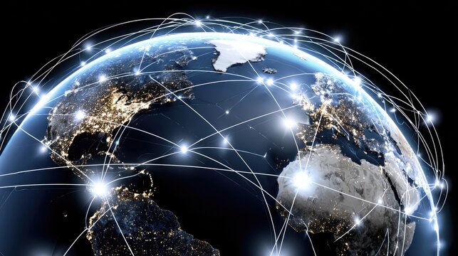 A detailed depiction of Earth highlighting connectivity with bright nodes and lines representing networks and data transfer, symbolizing global communication and technological adva