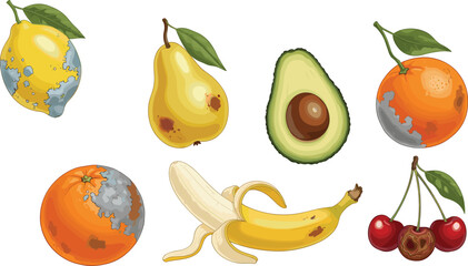 Rotten fruits, spoiled lemon, decayed pear, moldy orange, damaged banana, rotten cherries, unhealthy avocado, bad fruit collection, organic waste, spoiled food