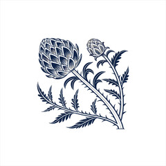 Stylized artichoke flower with bud and thorny leaves in dark blue