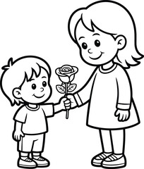 Young boy happily giving a single rose flower to his smiling older sister in a simple line drawing