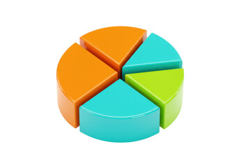 Isolated 3D pie chart with colorful segments represents financial analysis data trends