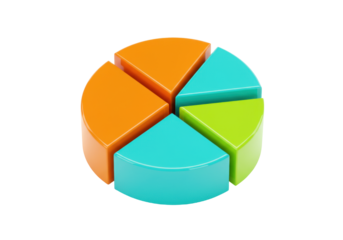 Isolated 3D pie chart with colorful segments represents financial analysis data trends