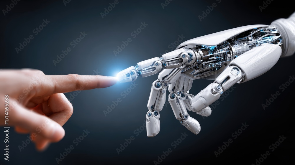 Poster a close-up image depicting the intersection of human touch and robotics, showcasing a human hand rea