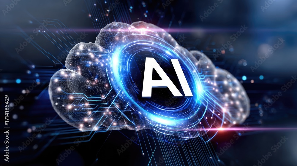 Poster a futuristic depiction of artificial intelligence represented by a glowing cloud with the initials '