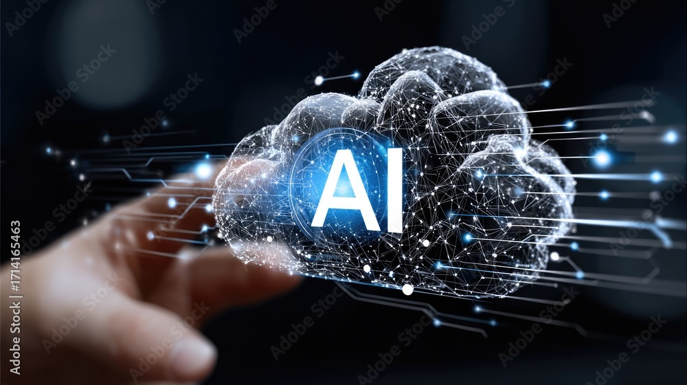 Poster a futuristic representation of artificial intelligence depicted as a cloud with digital connections.