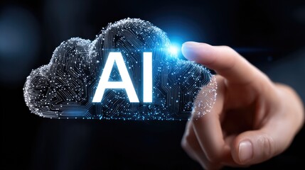 A hand interacts with a cloud symbol representing artificial intelligence