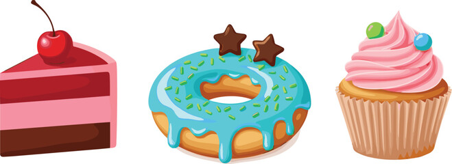 Sweet dessert illustration with chocolate cake slice, donut with icing, cupcake with frosting, cherry topping, colorful sprinkles, bakery food design