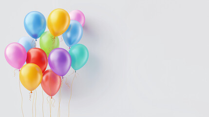 沢山のカラフルな風船・バルーンのプレゼントイメージのコピースペースのある白背景のリアルな写真