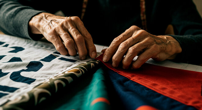 Elderly Person's Hands Sewing a Quilt - Powered by Adobe