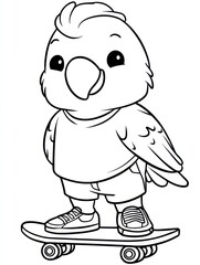 Obraz premium Cool Parrot Skateboarding Adventure: A cartoon parrot rides a skateboard, exuding cool vibes.This illustration embodies playful energy and excitement
