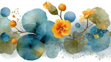 Vibrant Floral Composition with Blue Leaves and Yellow Flower