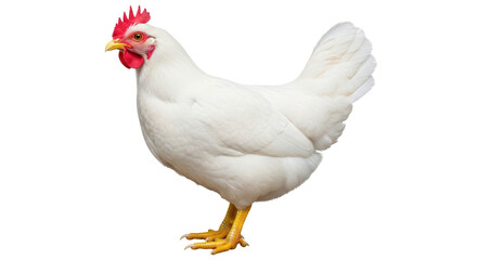 Isolated White Chicken standing side profile, laying hen, farm animal, poultry animal, fowl