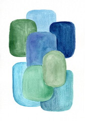An abstract composition of soft rectangular shapes with rounded corners. The overlapping figures are painted in watercolor shades of blue, green, and turquoise, creating a sense of harmony.