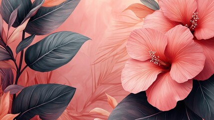 Beautiful Hibiscus Flowers with Lush Green Leaves on Soft Background