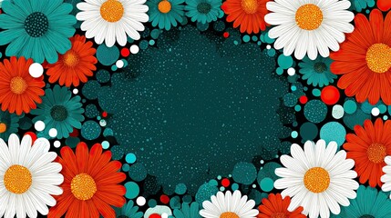 Vibrant Floral Pattern with Colorful Daisies and Abstract Circles