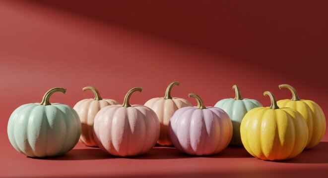 Pastel colorer pumpkins arranged on red background