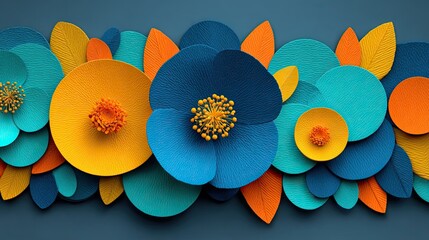 Colorful Paper Flowers and Leaves on Blue Background Decoration