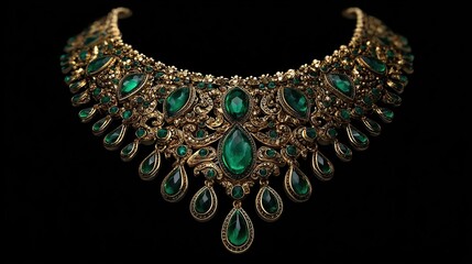 An ornate gold necklace, richly detailed with intricate filigree work, displays numerous emerald-green gemstones of varying sizes, set in a teardrop and oval pattern against a black background