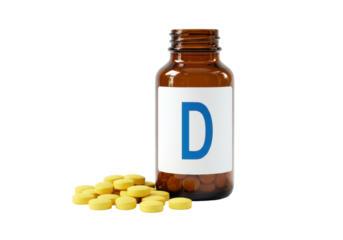 Isolated glass bottle of Vitamin D pills and a scattered pile of yellow round capsules