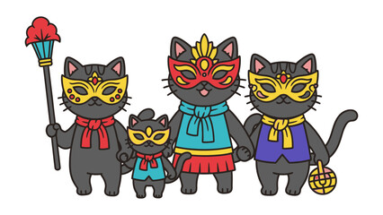 Carnival Cats: A family of playful cat characters, dressed in vibrant carnival costumes, stands together, ready to join the festivities in a joyful display of unity and celebration.