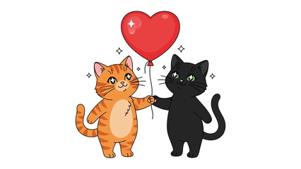 Cat Duo with Love: Two adorable cats, a charming ginger tabby and a sleek black feline, share a heart balloon amidst sparkling stars, radiating a tender moment of affection and companionship.