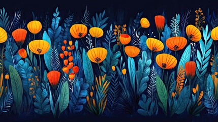 Vibrant Floral Illustration with Bright Colors and Dark Background