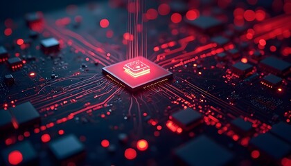 Abstract technology network with interconnected nodes and data streams, dark background with neon accents, modern digital design .