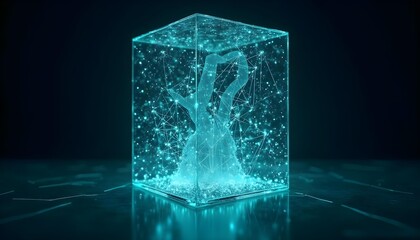 Abstract technology network with interconnected nodes and data streams, dark background with neon accents, modern digital design .