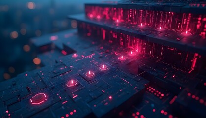 Abstract technology network with interconnected nodes and data streams, dark background with neon accents, modern digital design .