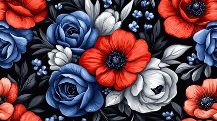 Colorful Floral Pattern with Red, Blue, and White Flowers on Black Background
