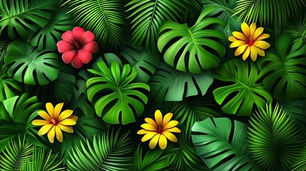 Vibrant Tropical Foliage with Colorful Flowers and Lush Green Leaves