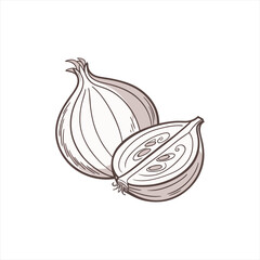 Hand drawn illustration of a whole and halved onion