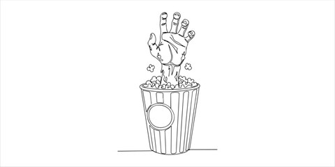Fototapeta premium Zombie hand coming out of a popcorn bucket continuous single line art drawing sketch on white background