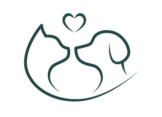 Line art illustration of a cat and dog with a heart. A symbol of love for animals, veterinary care, compassion, and friendship. Suitable for the logo of a clinic, shelter, or pet store.