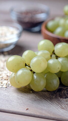 Close up view of ripe green grapes, Background of ripe grapes. oats and grains.