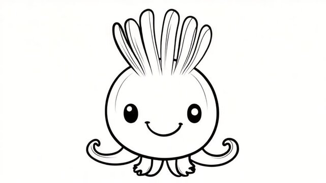 Line drawing of a cartoon sea creature with a rounded body and whimsical details