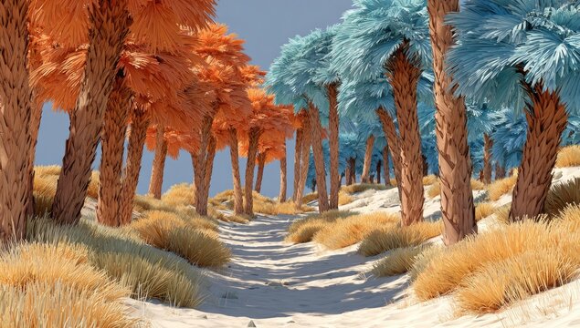 A stylized, digital scene depicts a desert path lined with vibrant orange and teal palm trees.  The sandy ground and low grasses create a serene, otherworldly atmosphere