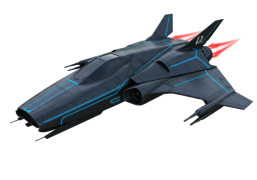 Isolated blue and black spaceship with blasters and engine thrust ready for space travel