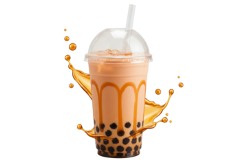 Isolated bubble tea, Asian drink, caramel, and splashing, delicious beverage for refreshment