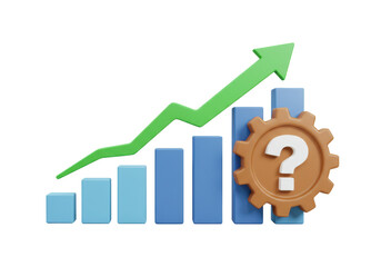 Isolated finance performance growth and progress, chart with green arrow and question mark cog
