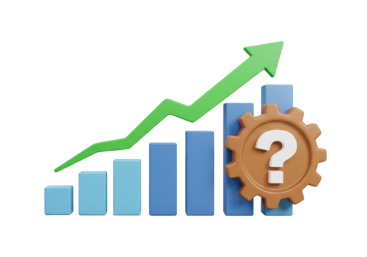 Isolated finance performance growth and progress, chart with green arrow and question mark cog