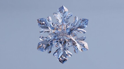 A detailed, digitally rendered snowflake, six-pointed, with intricate, crystalline structure; translucent, icy blue hues against a pale blue background, showcasing its delicate, symmetrical design