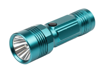 Isolated, modern flashlight in aqua blue, illuminating the dark, handheld emergency light