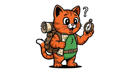 Adventurous Explorer Cat: An adorable cartoon illustration depicts a curious ginger cat explorer, confidently navigating the outdoors with a compass and map. Embodying the spirit of adventure.