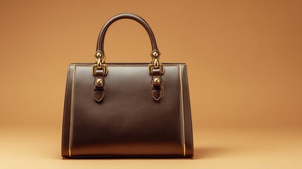 A dark brown leather handbag with gold-toned hardware, structured shape, and subtle stitching detail sits against a muted orange background