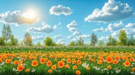 Vibrant Flower Field Under Blue Sky with Clouds and Sunlight