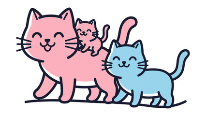 Whimsical feline family: A charming illustration portrays a playful gathering of cartoon cats. A mother cat and kitten, with cheerful expressions and vibrant hues, celebrate the innocence of cat